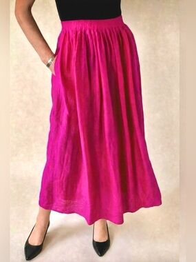 🆕 Vintage Hot Pink Silk Maxi Skirt • Relaxed Style with Elastic Waist & Pockets